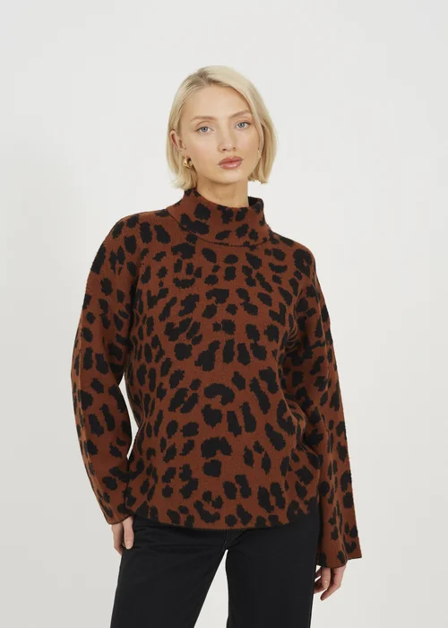 Brave Soul Brown Animal Jacquard Turtle Neck Tunic Jumper - M Image 1