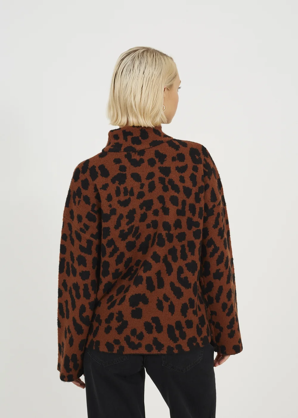 Brave Soul Brown Animal Jacquard Turtle Neck Tunic Jumper - M Image 2