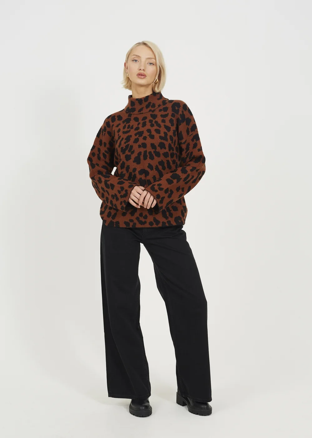 Brave Soul Brown Animal Jacquard Turtle Neck Tunic Jumper - M Image 4