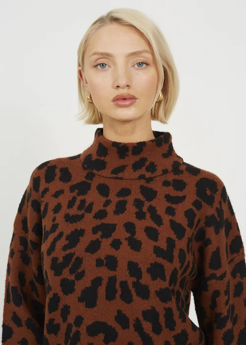 Brave Soul Brown Animal Jacquard Turtle Neck Tunic Jumper - M Image 3