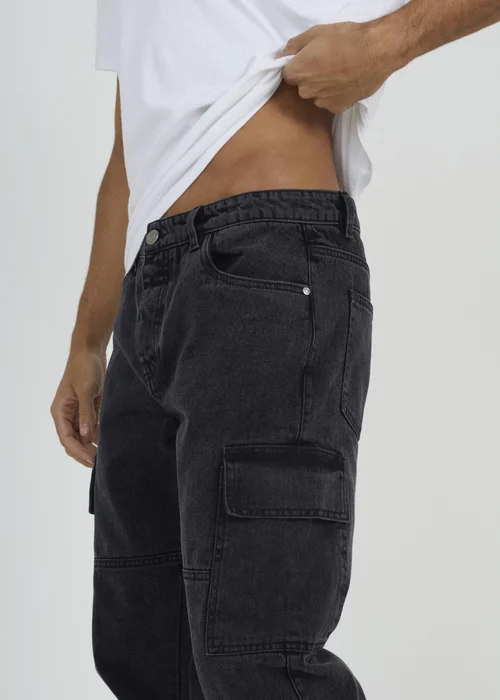 Brave Soul Charcoal Cargo Style Denim Jeans With Side Hem Split Detail - 28/L34 Image 3