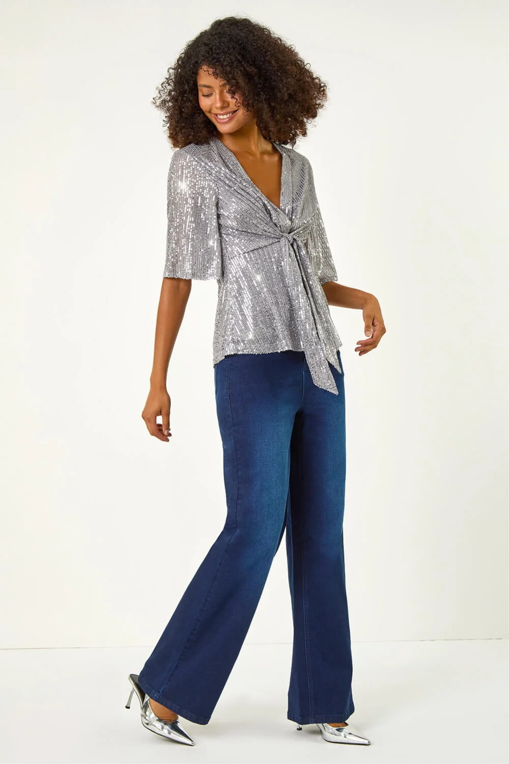 Dusk Silver Sequin Tie Front Top - 16 Image 2