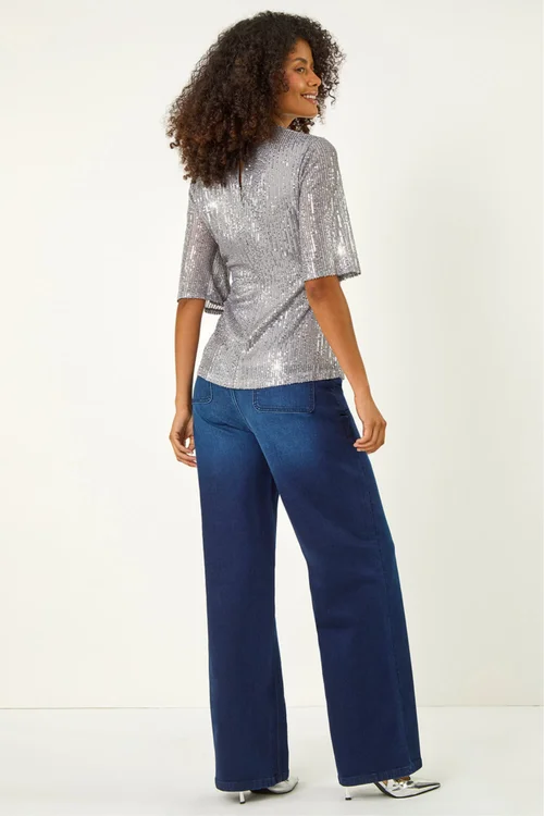 Dusk Silver Sequin Tie Front Top - 16 Image 3