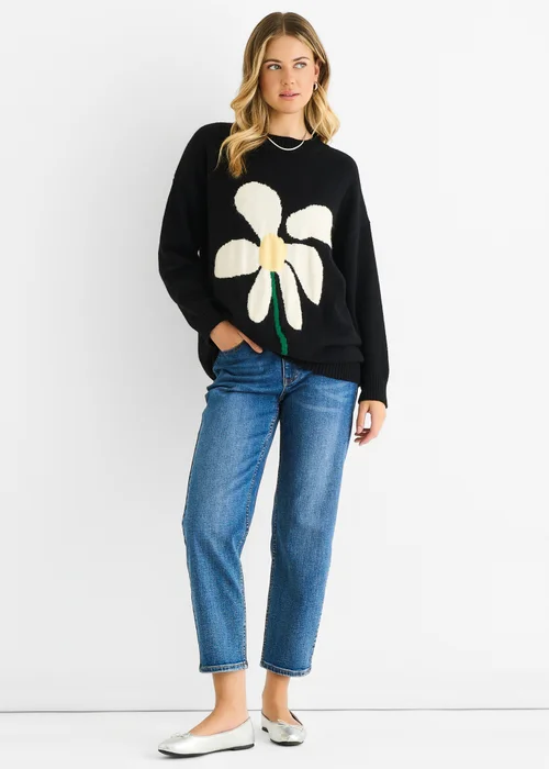 Gini London Black Paint Flower Knit Oversized Long Jumper - Small/Medium Image 1