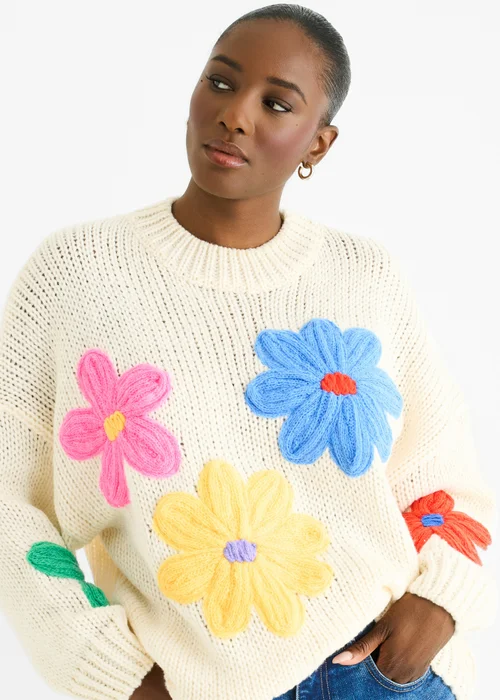 Gini London Cream Floral Crochet Chunky Knit Oversized Jumper - M/L Image 4