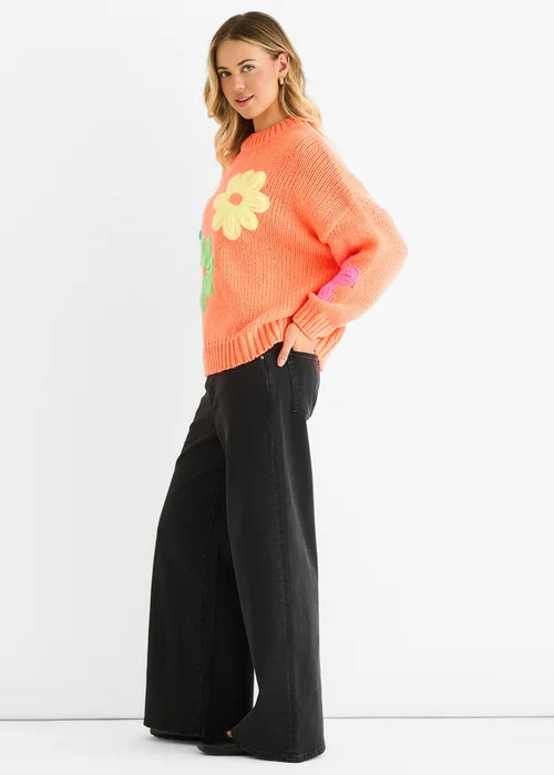 Gini London Orange Floral Crochet Chunky Knit Oversized Jumper - L/XL Image 4