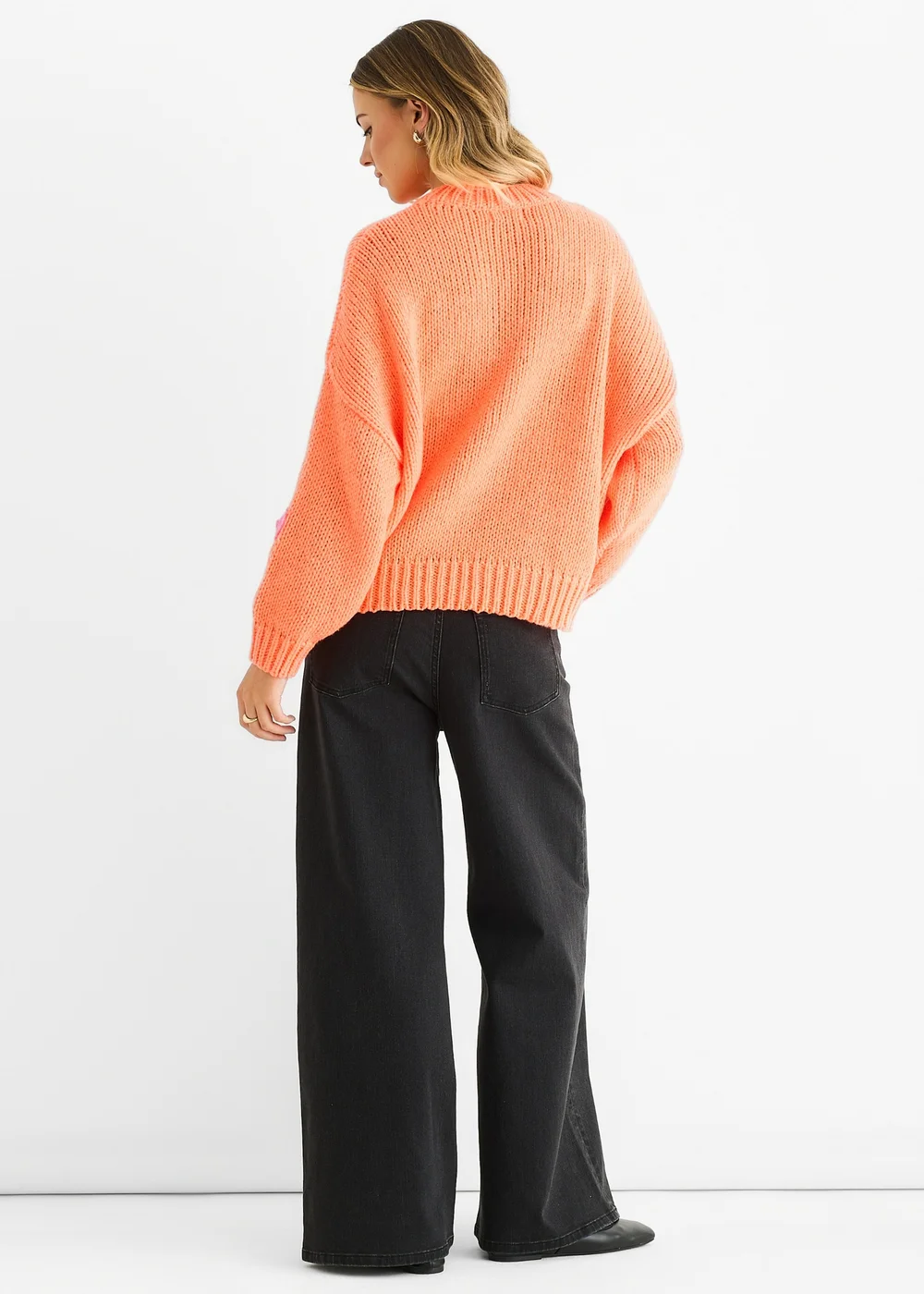 Gini London Orange Floral Crochet Chunky Knit Oversized Jumper - L/XL Image 2