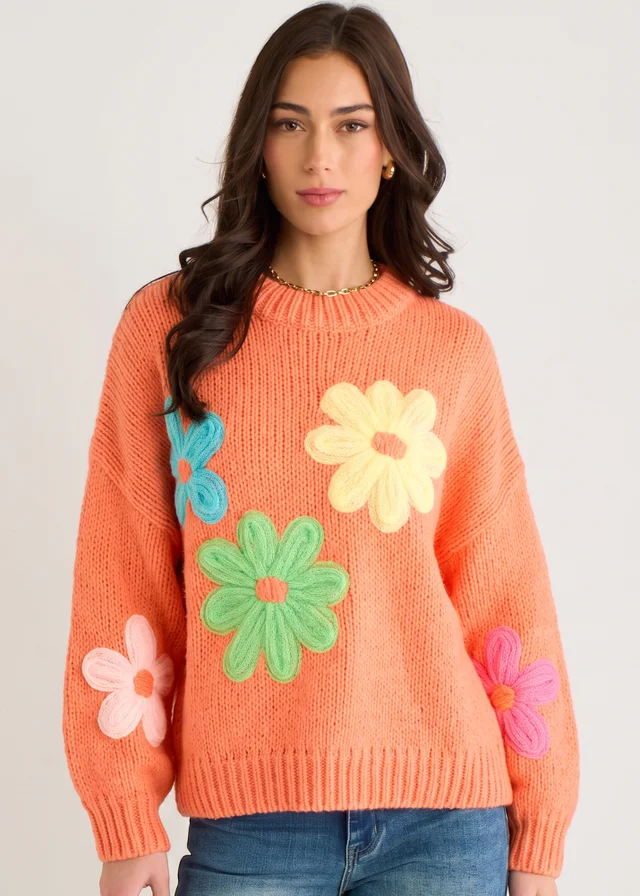 Gini London Orange Floral Crochet Chunky Knit Oversized Jumper