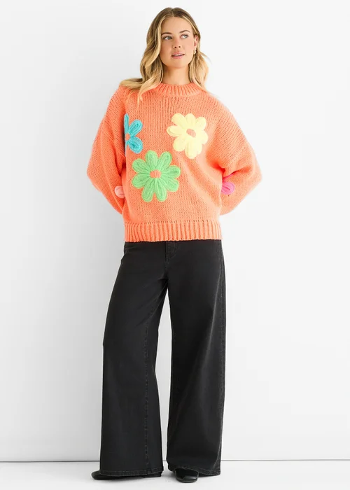 Gini London Orange Floral Crochet Chunky Knit Oversized Jumper - L/XL Image 1