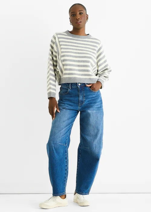 Gini London Grey Recycle Contrast Stripe Loose Fit Knit Jumper - M/L Image 1