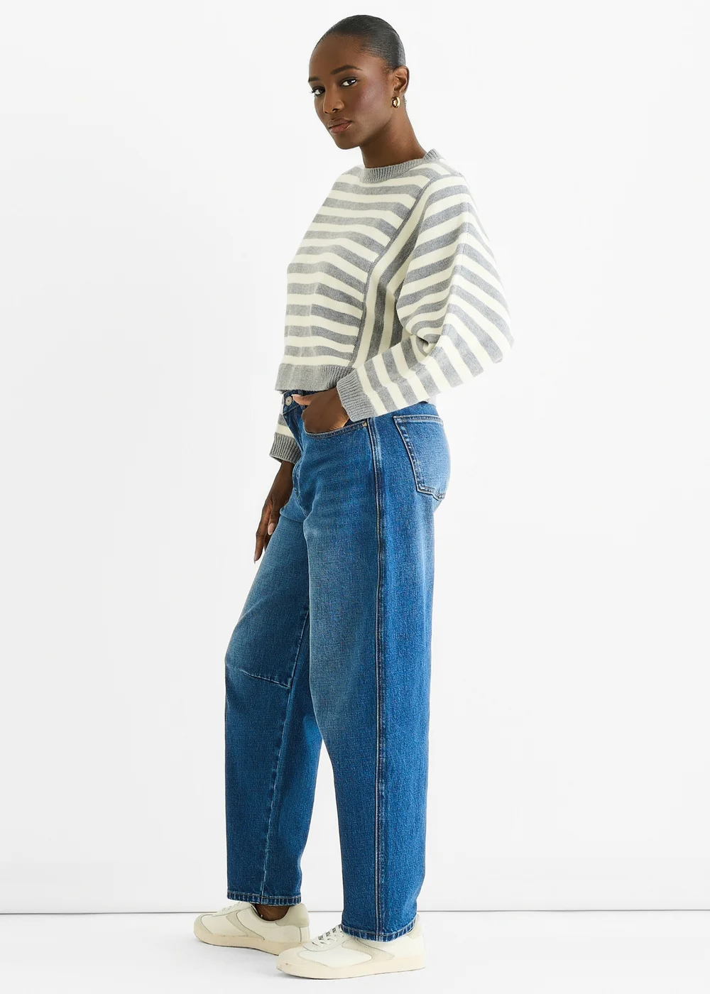 Gini London Grey Recycle Contrast Stripe Loose Fit Knit Jumper - M/L Image 4