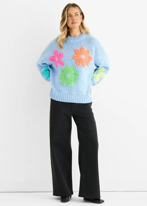 Gini London Blue Floral Crochet Chunky Knit Oversized Jumper - M/L Image 1