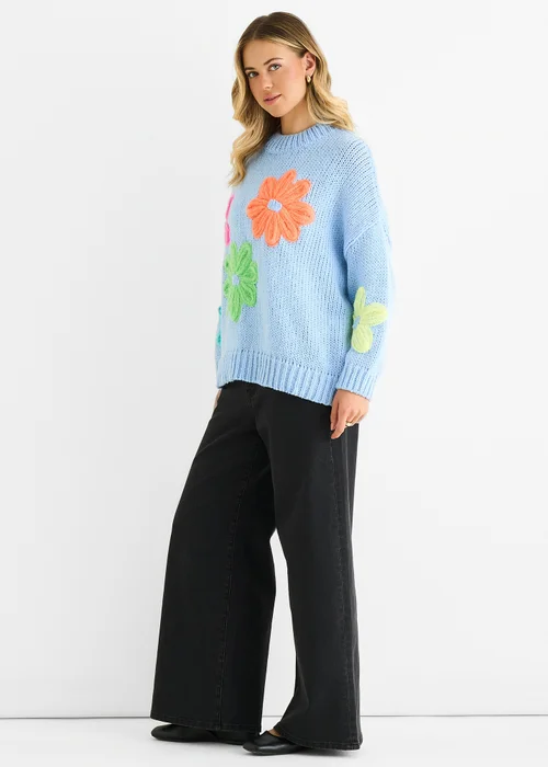 Gini London Blue Floral Crochet Chunky Knit Oversized Jumper - M/L Image 4