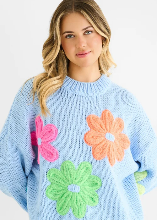 Gini London Blue Floral Crochet Chunky Knit Oversized Jumper - M/L Image 3