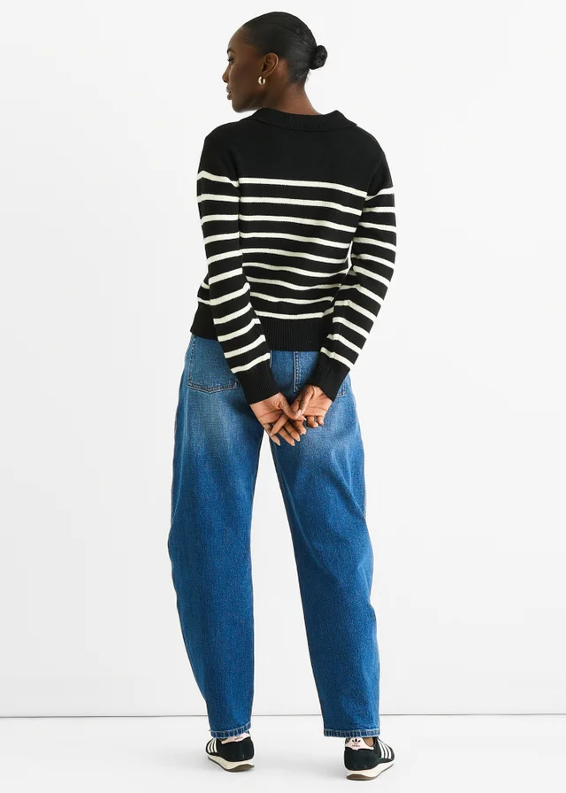 Gini London Black Recycle Stripe V Neck Collar Knit Jumper