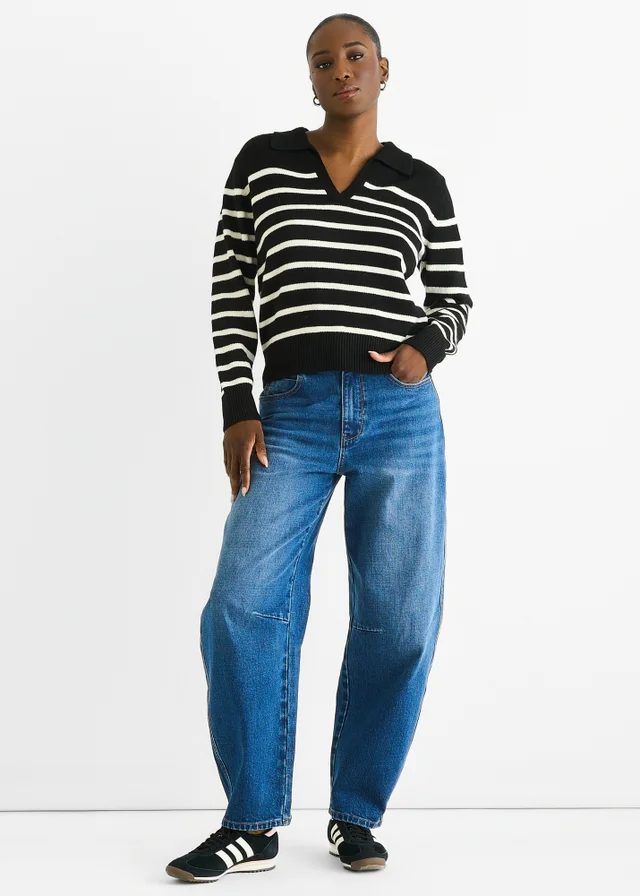 Gini London Black Recycle Stripe V Neck Collar Knit Jumper
