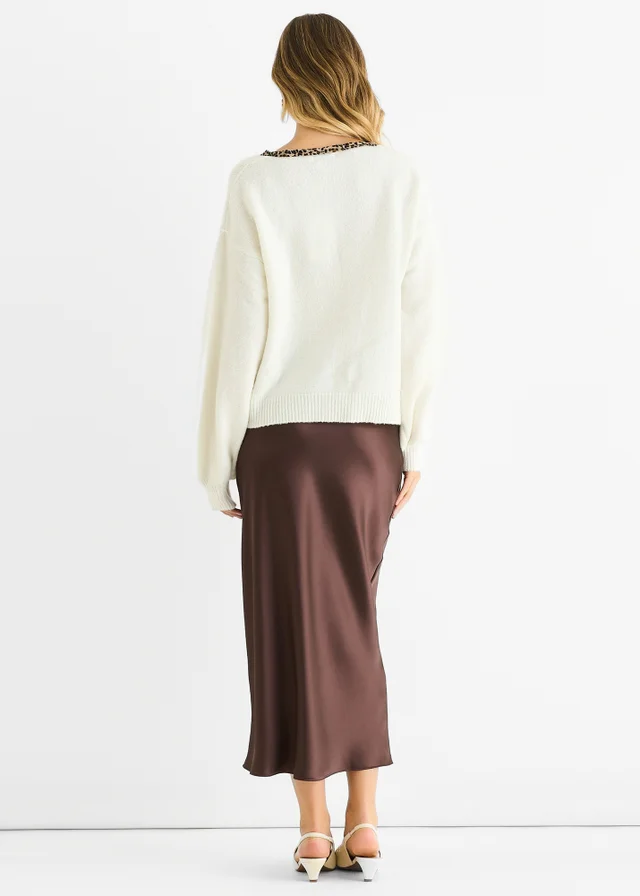 Gini London Cream Contrast Animal Tie Oversized Knit Cardigan
