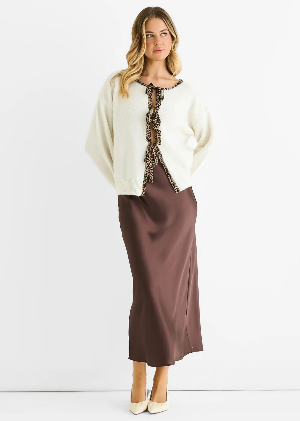 Gini London Cream Contrast Animal Tie Oversized Knit Cardigan - S/M Image 1