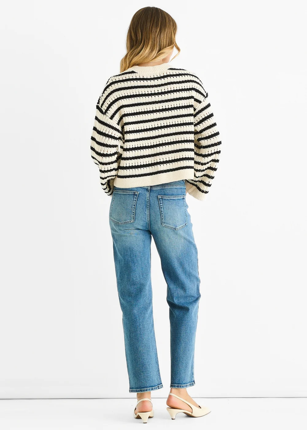 Gini London Cream Stripe Cable Knit Crop Cardigan - M/L Image 2