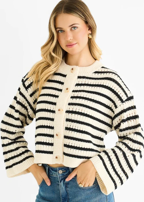 Gini London Cream Stripe Cable Knit Crop Cardigan - M/L Image 3