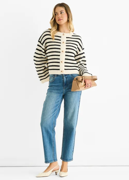 Gini London Cream Stripe Cable Knit Crop Cardigan - M/L Image 1