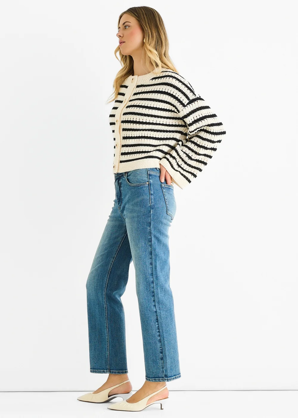 Gini London Cream Stripe Cable Knit Crop Cardigan - M/L Image 4
