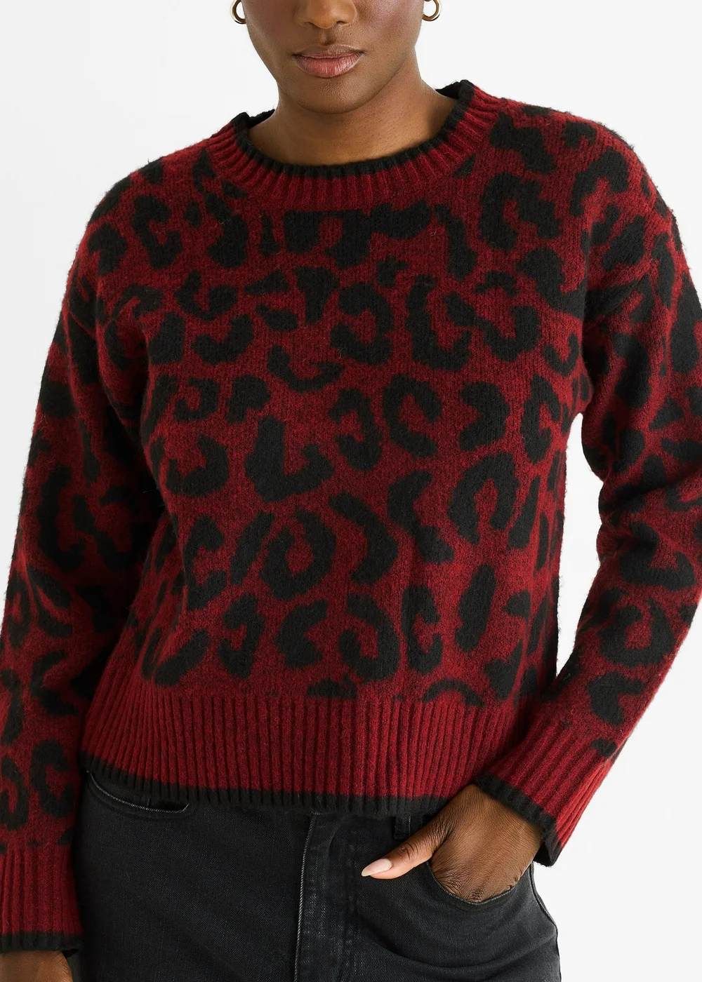 Gini London Burgundy Contrast Piping Animal Knit Jumper - S/M Image 3