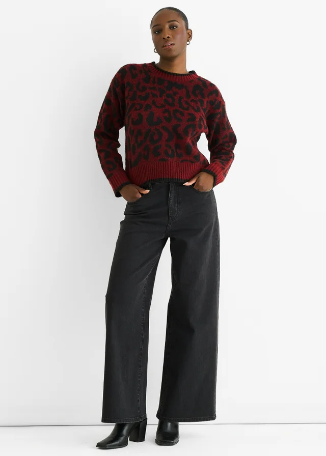 Gini London Burgundy Contrast Piping Animal Knit Jumper