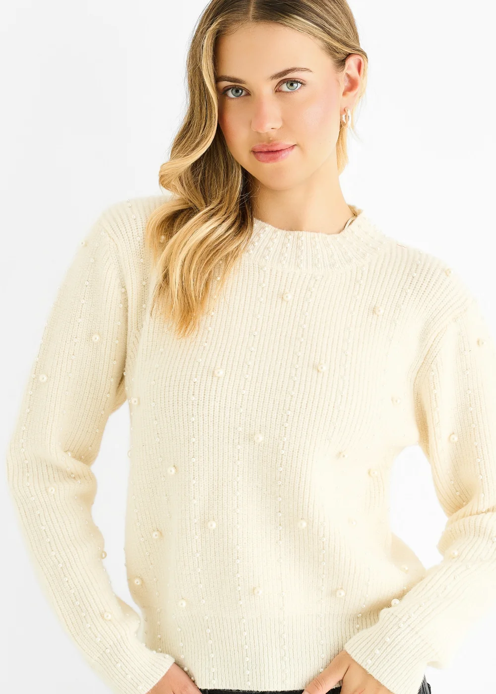 Gini London Cream Pearl Studded High Neck Knit Jumper - Small/Medium Image 3