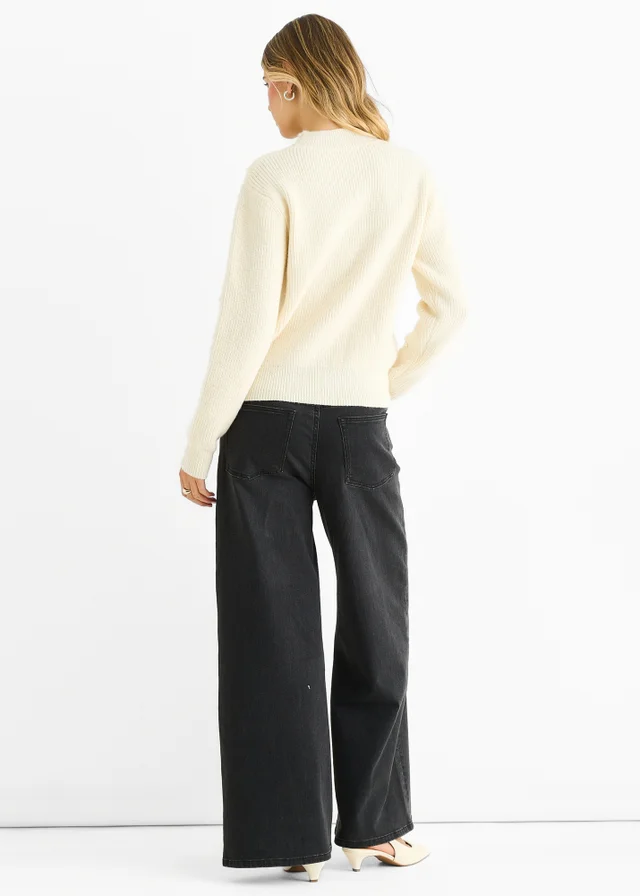 Gini London Cream Pearl Studded High Neck Knit Jumper