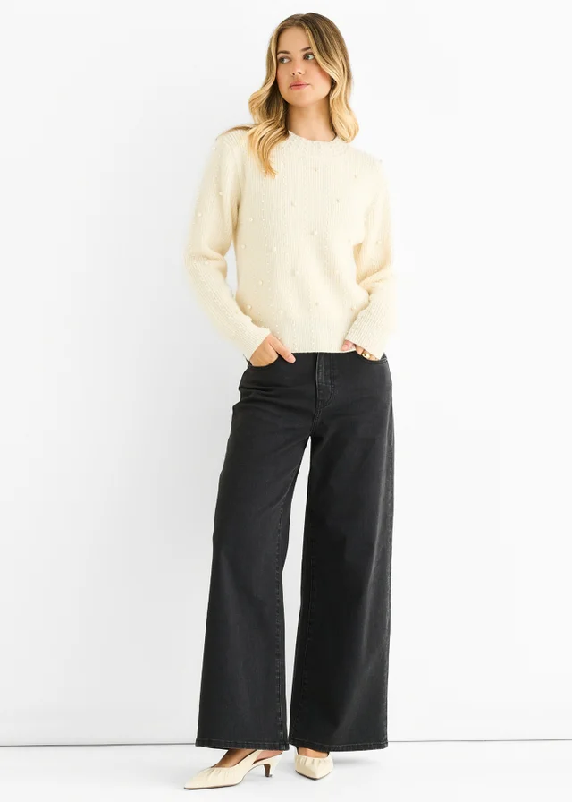 Gini London Cream Pearl Studded High Neck Knit Jumper
