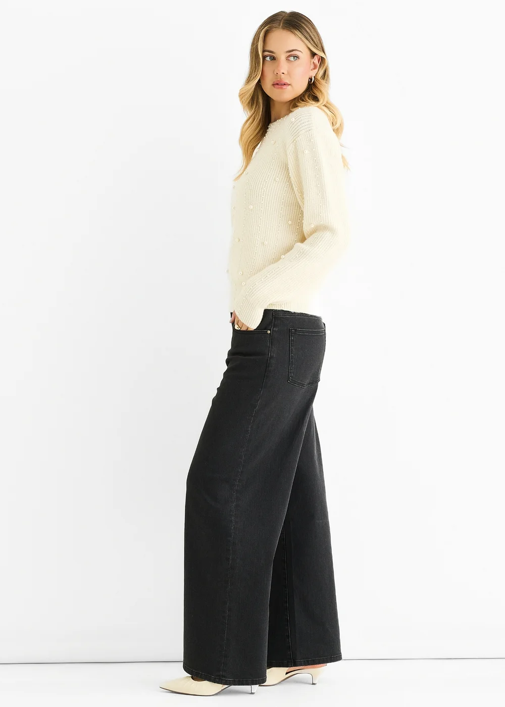 Gini London Cream Pearl Studded High Neck Knit Jumper - Small/Medium Image 4