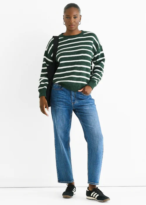 Gini London Green Stripe Chunky Knit Oversized Jumper - M/L Image 1