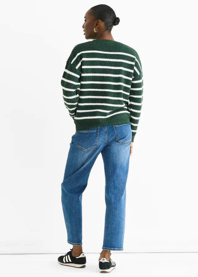 Gini London Green Stripe Chunky Knit Oversized Jumper