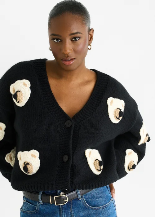 Gini London Black 3D Contrast Teddy Crochet Cardigan - L/XL Image 3