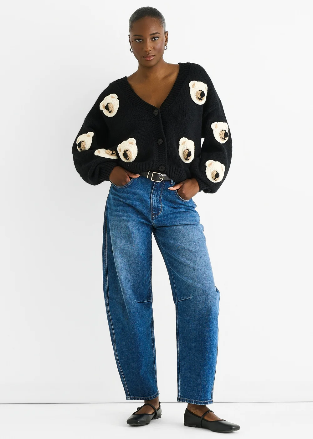 Gini London Black 3D Contrast Teddy Crochet Cardigan - L/XL Image 1