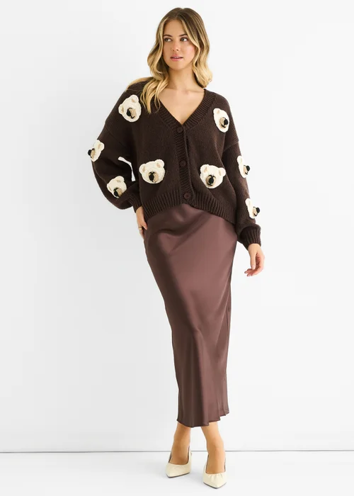 Gini London Chocolate 3D Contrast Teddy Crochet Cardigan - Medium/Large Image 1