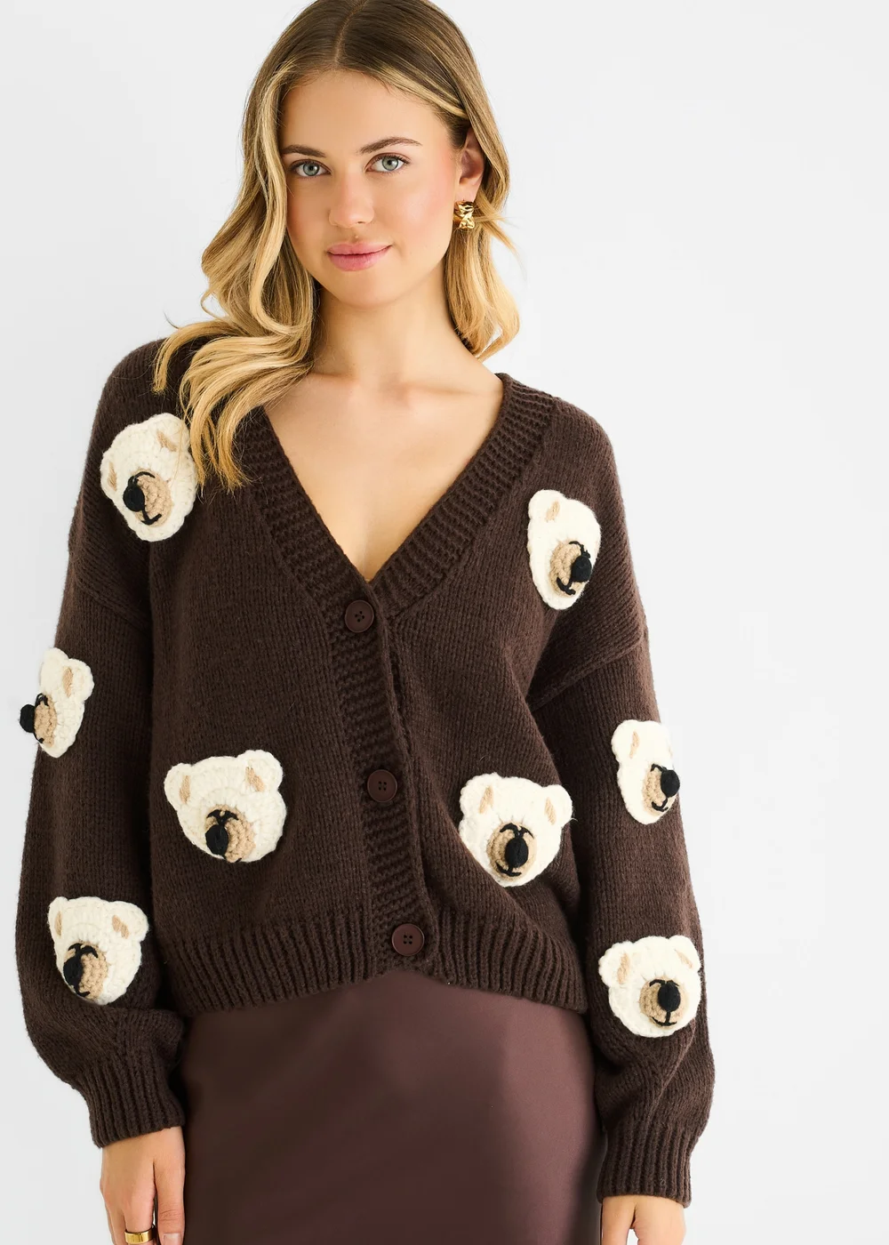 Gini London Chocolate 3D Contrast Teddy Crochet Cardigan - Medium/Large Image 3