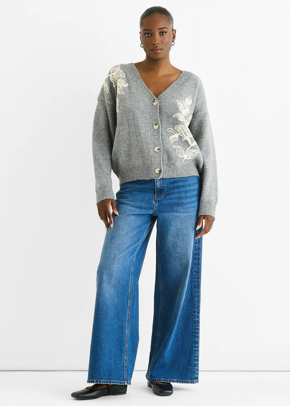 Gini London Grey Floral Applique Wool Mix Cardigan - S/M Image 1