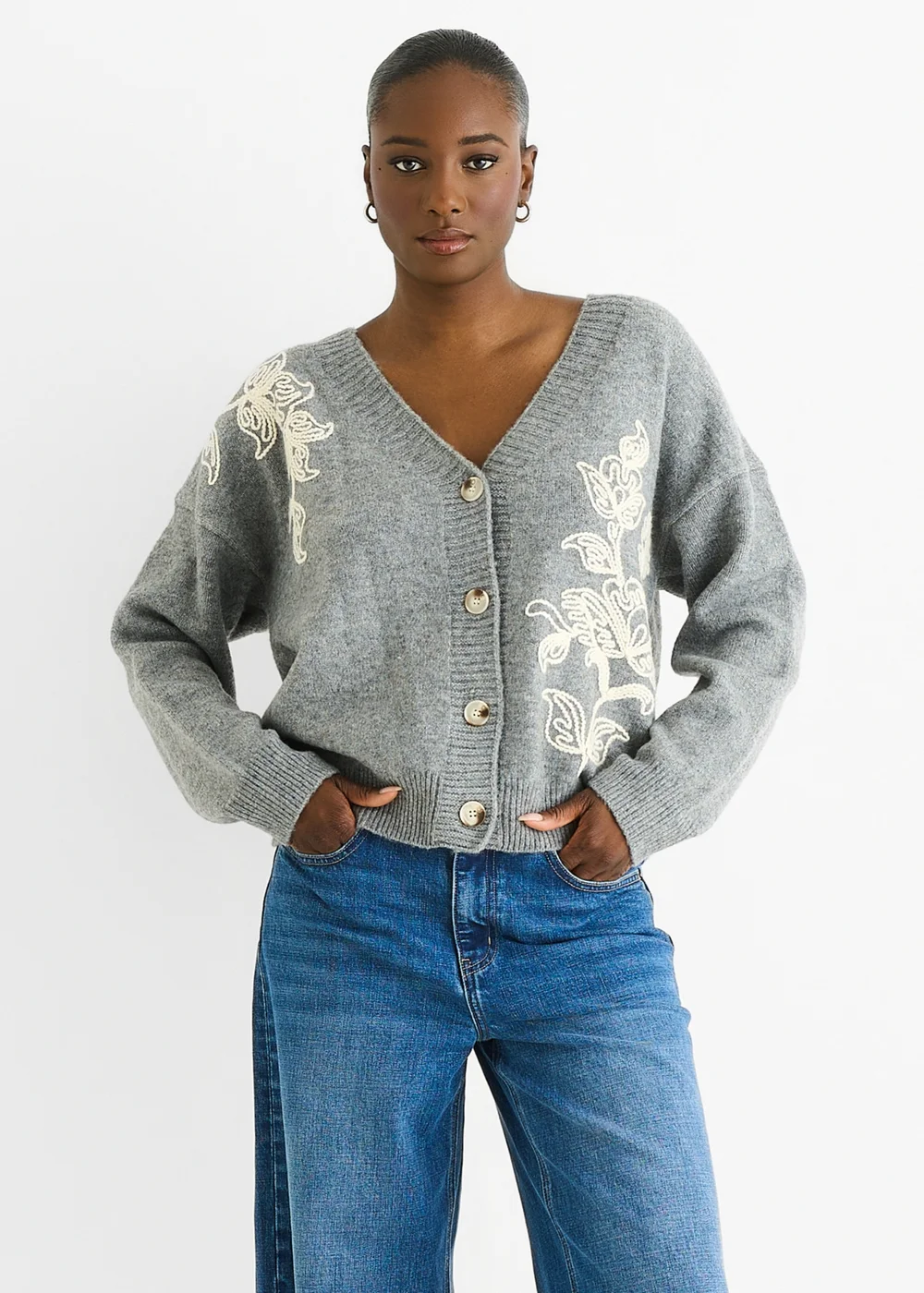 Gini London Grey Floral Applique Wool Mix Cardigan - S/M Image 3