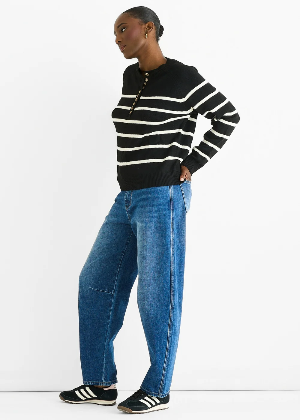 Gini London Black Recycle Stripe Button Up Loose Fit Knit Jumper - M/L Image 4