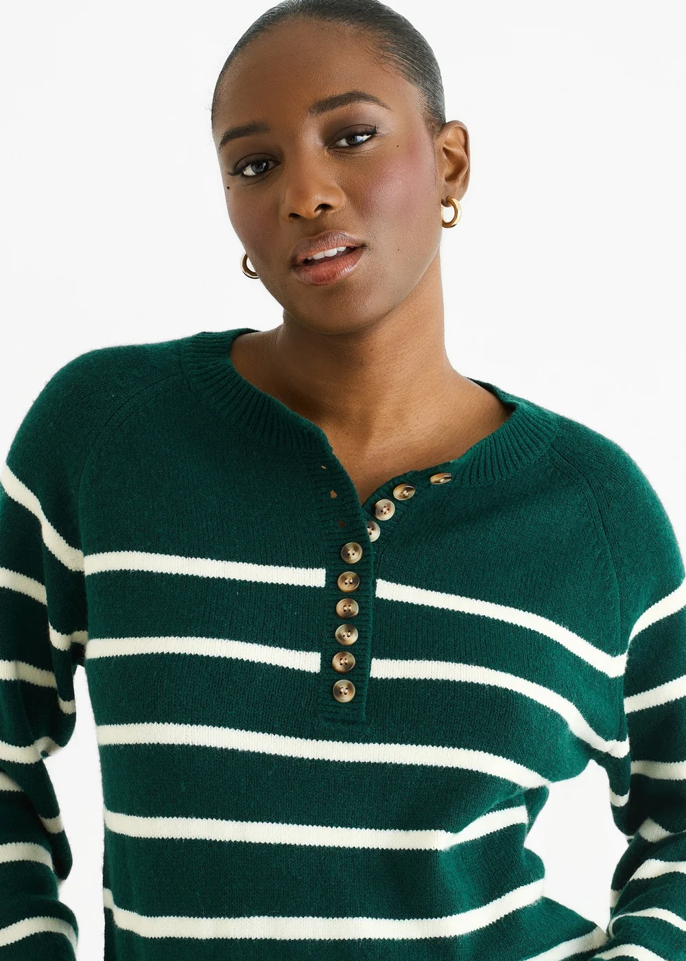 Gini London Green Recycle Stripe Button Up Loose Fit Knit Jumper - M/L Image 3