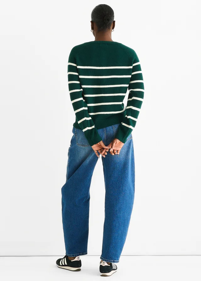 Gini London Green Recycle Stripe Button Up Loose Fit Knit Jumper