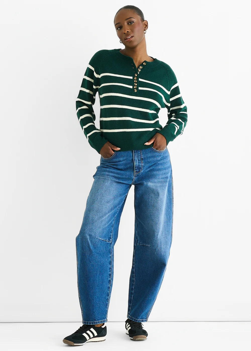 Gini London Green Recycle Stripe Button Up Loose Fit Knit Jumper - M/L Image 1