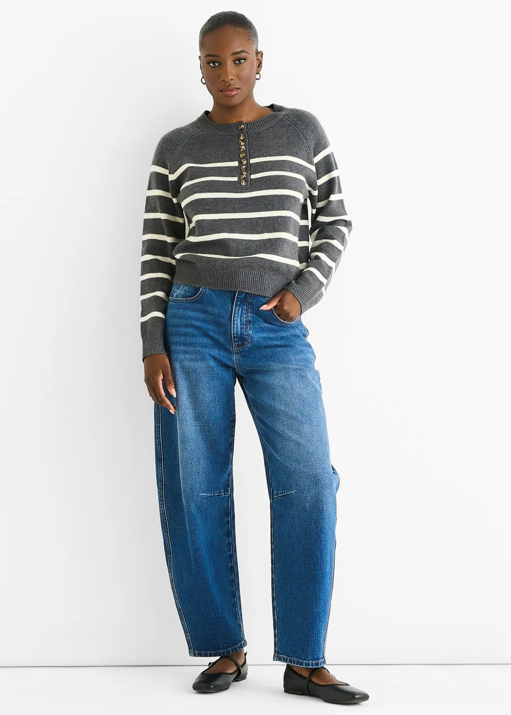 Gini London Grey Recycle Stripe Button Up Loose Fit Knit Jumper - M/L Image 1