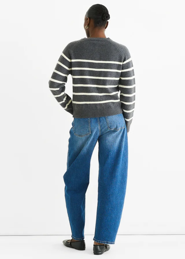 Gini London Grey Recycle Stripe Button Up Loose Fit Knit Jumper