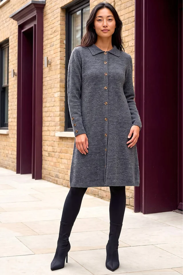 Roman Grey Petite Collared Knit Shift Dress