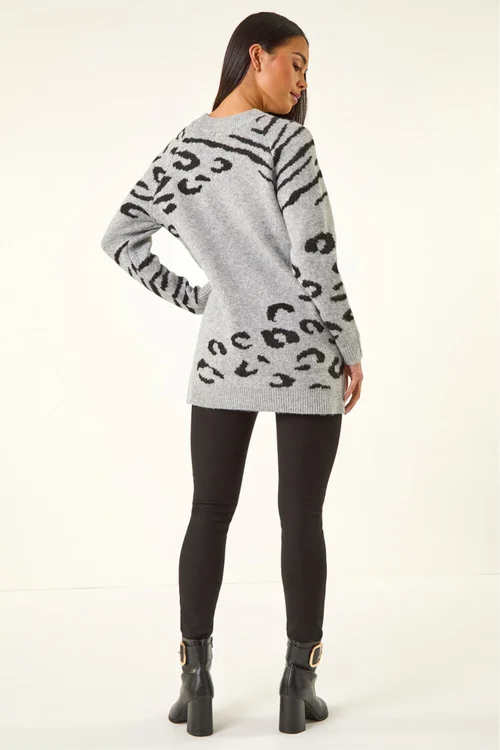 Roman Grey Petite Animal Print Longline Stretch Jumper - 18 Image 3