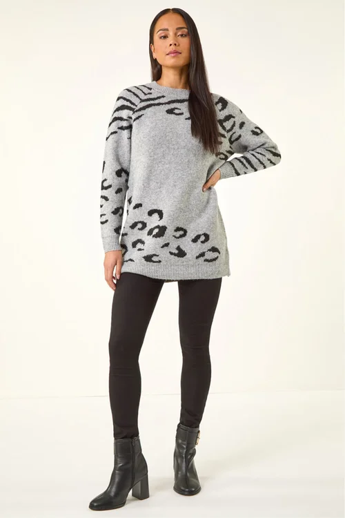 Roman Grey Petite Animal Print Longline Stretch Jumper - 18 Image 2