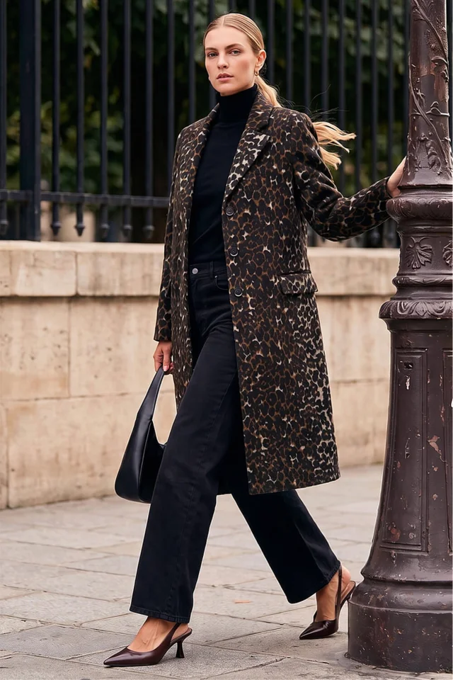 Roman Brown Animal Print Formal Pocket Coat